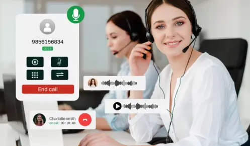 Smiling call‑center agent wearing a headset with on‑screen VoIP call controls and voice waveforms, illustrating a tutorial on How to fix audio delay.