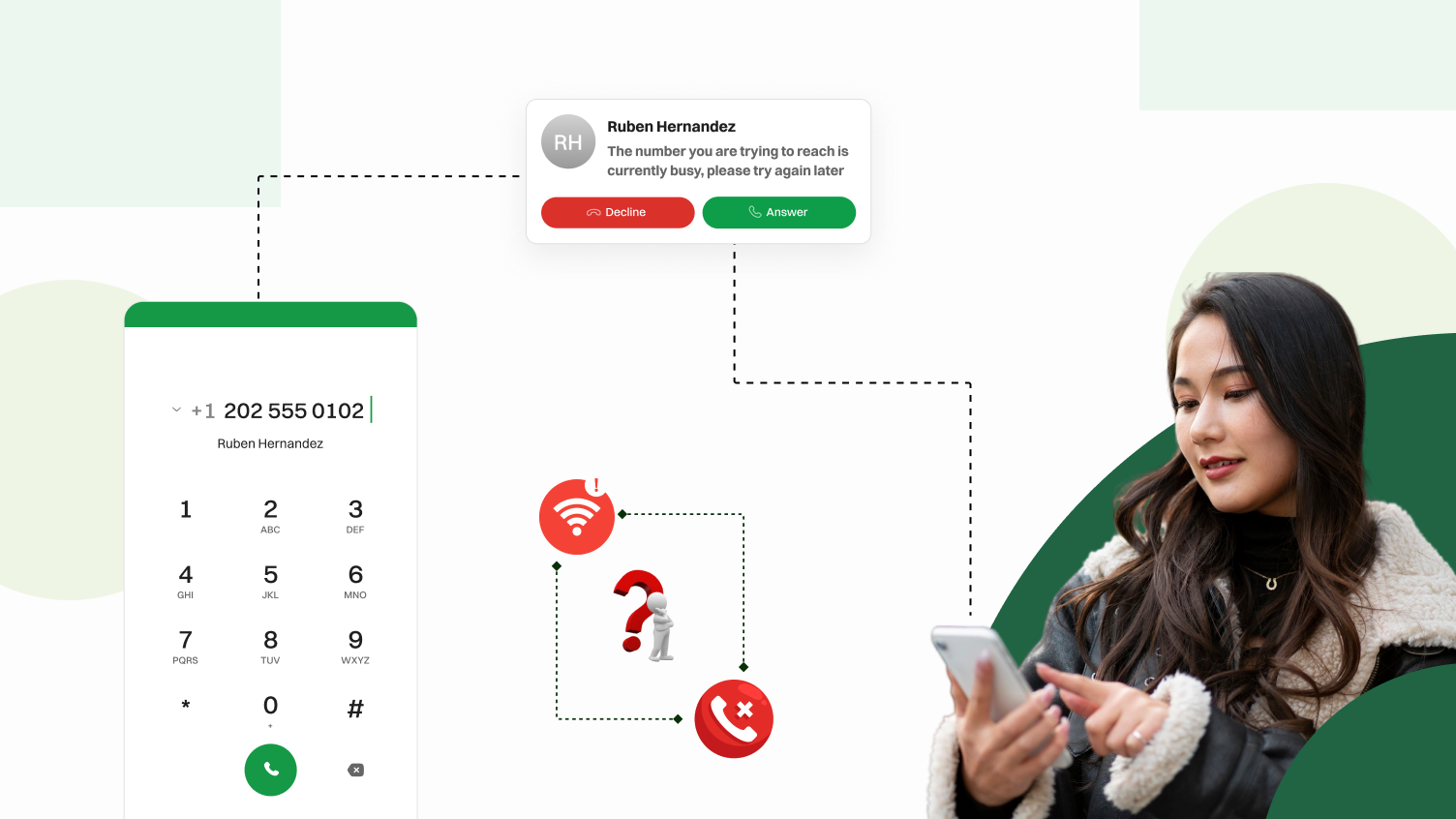 A girl experiencing a VoIP busy signal issue while on a call, highlighting how to fix busy signal problems in VoIP.