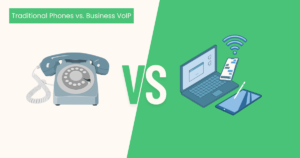 Comparison image of traditional landline phones vs. modern business VoIP devices. 
