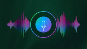 Microphone icon with colorful soundwaves on a dark green background.