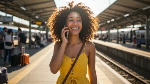 A Girl using wireless caller while walking.