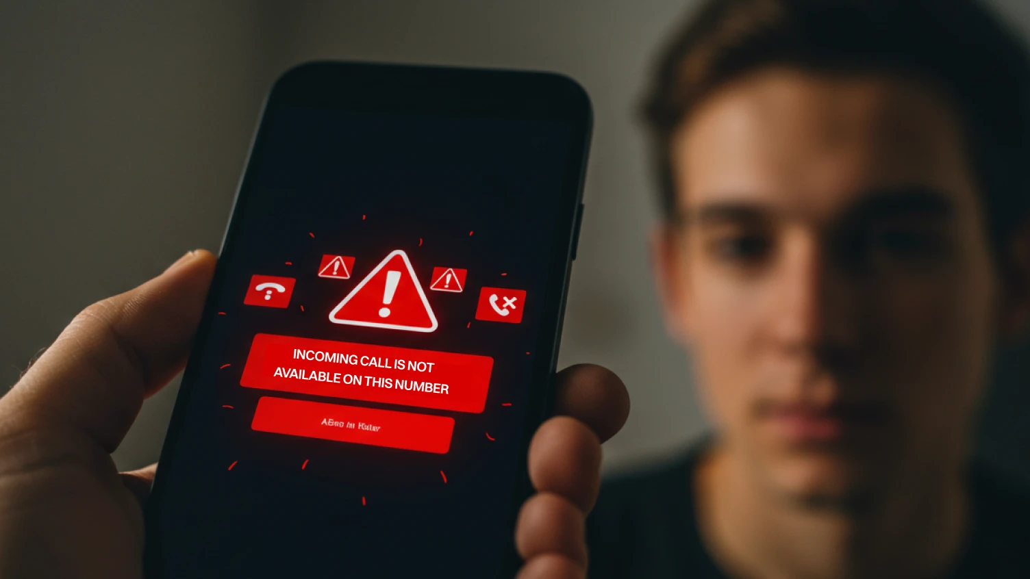 A person looking "Incoming call is no available on this number" on mobile phone.