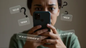 A girl being confused what to dial after seeing her phone being hacked.