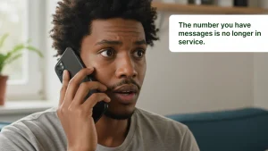 An African Guy being Shocked after hearing "this number is no longer in service" message in Mobile phone.