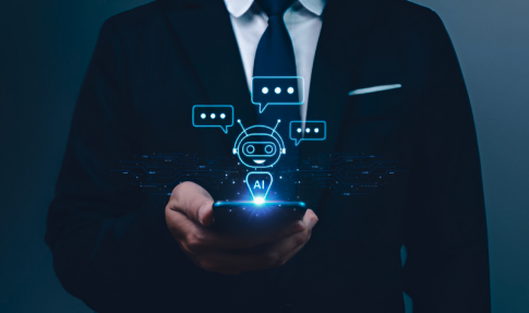 The graphic displays a businessman in a dark suit holding a smartphone.