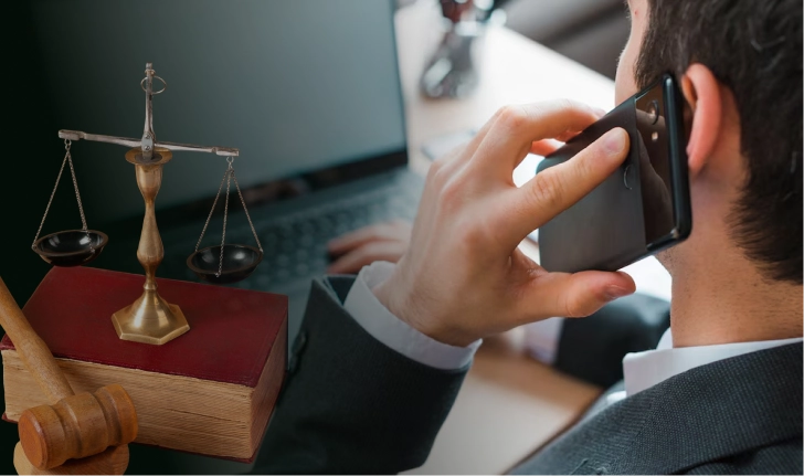 Businessman on phone with legal symbols, illustrating call recording compliance.