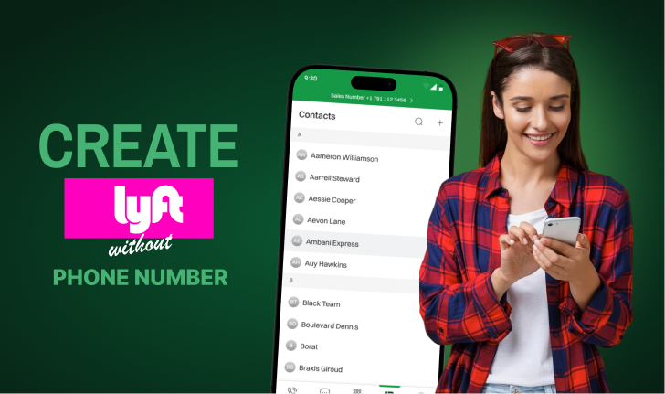 Girl using phone next to text "Create Lyft without a phone number," with her phone screen displaying a contacts list.