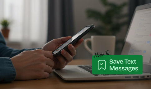 A person sitting at a desk, exploring how to save text messages while using a laptop with the other.