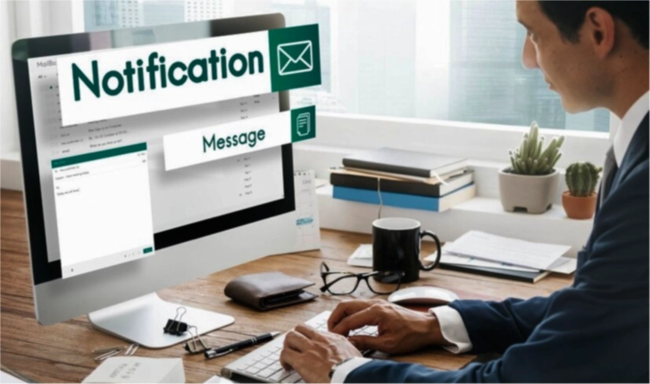 Person writing a business introduction email with message alerts on screen