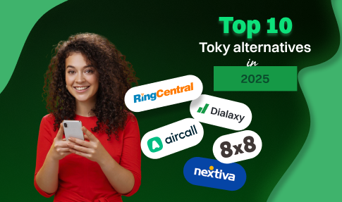 Woman holding phone next to top Toky alternatives logos including RingCentral, Aircall, Dialaxy, 8x8, and Nextiva.