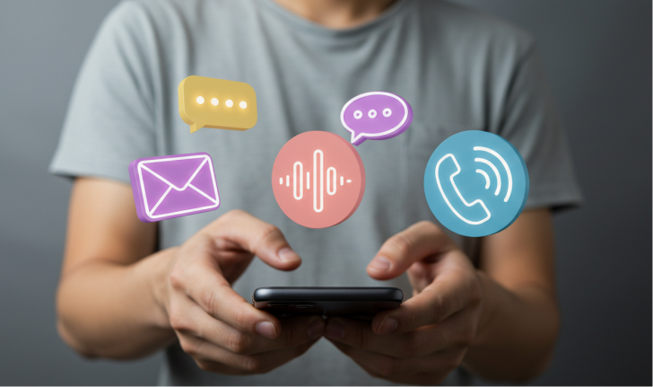 A man using unified messaging feature in his mobile phone. (Graphical Representation of unified messaging features)