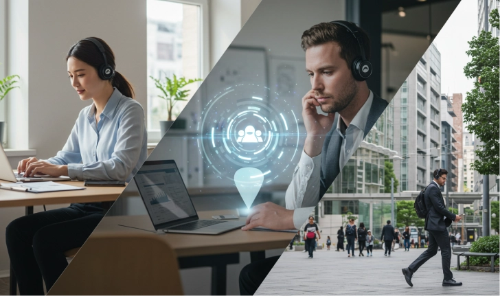 A lady and a man using reservationless plus voip in their laptops.