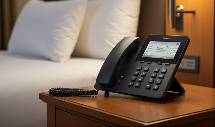 Telephone being attached to hotel pbx system in hotel room.