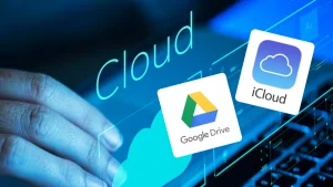 A hand is reaching out to touch a keyboard, which displays icons representing Cloud, iCloud, and Google Drive.