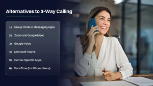 Smiling girl talking on the phone, with a list of 3-way calling alternatives displayed beside her.