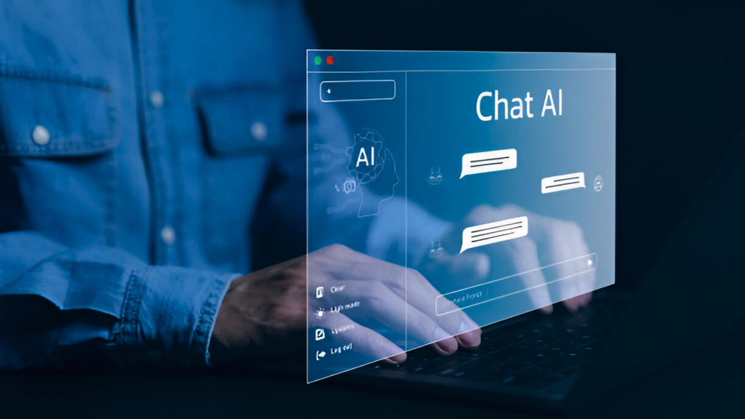This picture displays a chatbot conversation icons and AI profile graphic.