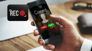  Person holding a smartphone with an incoming call screen and a large "REC" recording icon displayed.