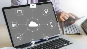 Computer telephony integration representation in Laptop through wheel of cloud.