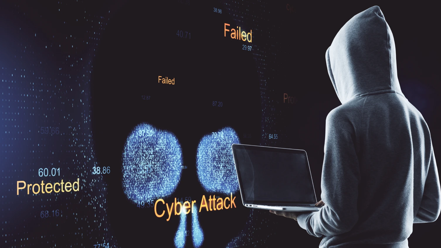 Person in a hoodie holding a laptop Faces cyber threat
