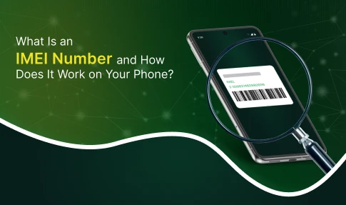 Smartphone screen showing a barcode under a magnifying glass representing the device’s unique IMEI number.