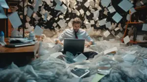 Office worker in a shirt and tie sits on the floor surrounded by piles of paper and flying documents, working on a laptop in a chaotic, cluttered workspace.