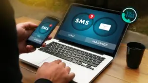 User checking toll-free SMS notifications on phone and laptop, with a 'Toll Free' icon displayed.