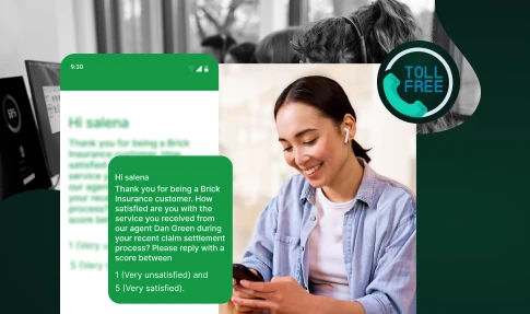 Woman reading a toll-free SMS on her phone requesting customer feedback for a recent insurance claim.