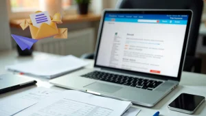 A laptop on a desk displays an email interface