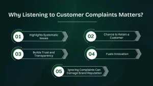 Visual list showing benefits of addressing customer complaints in a business setting