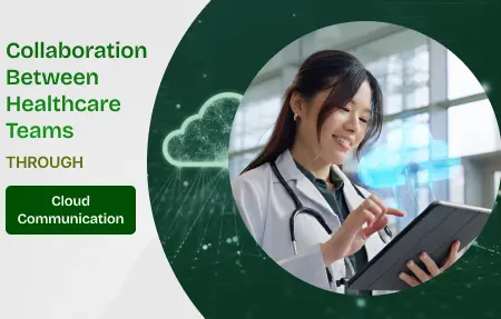 Doctor using tablet with cloud graphic, symbolizing healthcare team collaboration via cloud communication