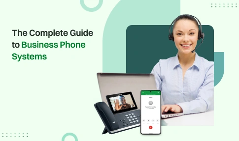 Business phone systems guide with a support agent, desk phone, laptop, and smartphone.