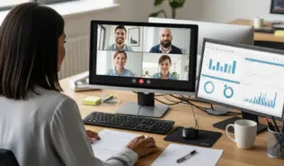 A Woman Collaborates With Team Members Via Video Communication Channel