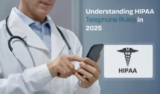 Healthcare professional with patient, writing on a clipboard beside medicine bottles. The HIPAA logo appears, referencing patient privacy and HIPAA telephone rules.