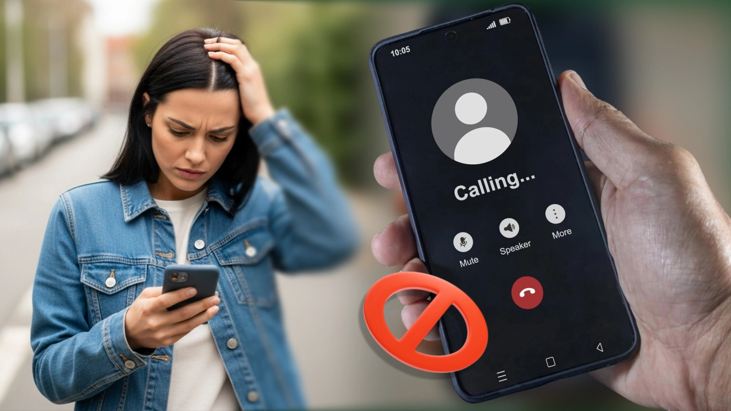 A woman appears frustrated due to a call drop, as indicated by the blocked call icon.