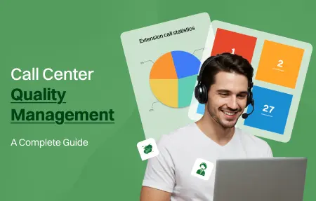 Smiling agent using a laptop with charts in the background, illustrating call center quality management.
