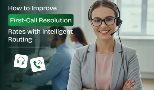 Smiling Call Center Agent With Headset, Next To Text 'How To Improve First-Call Resolution Rates With Intelligent Routing'