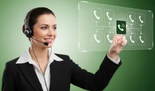 Miling Call Center Agent With Headset Managing Multiple Calls On A Virtual Screen.