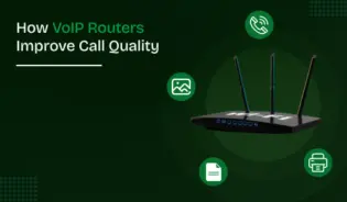 Illustration Of A VoIP Router With Icons Showing Improved Call Quality, Communication, And Connectivity Benefits.