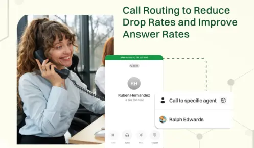 Woman On A Phone Call, With A Mobile Screen Showing Call Routing Options To Optimize International Call Routing To Reduce Drop Rates