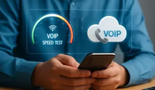 Person Using Smartphone With Virtual Icons Showing VoIP Speed Test And Cloud VoIP Technology