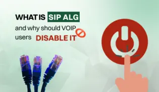 This picture explains SIP ALG with text 'What is SIP ALG and why should VoIP users disable it', showing network cables and a power button icon with a disable symbol.