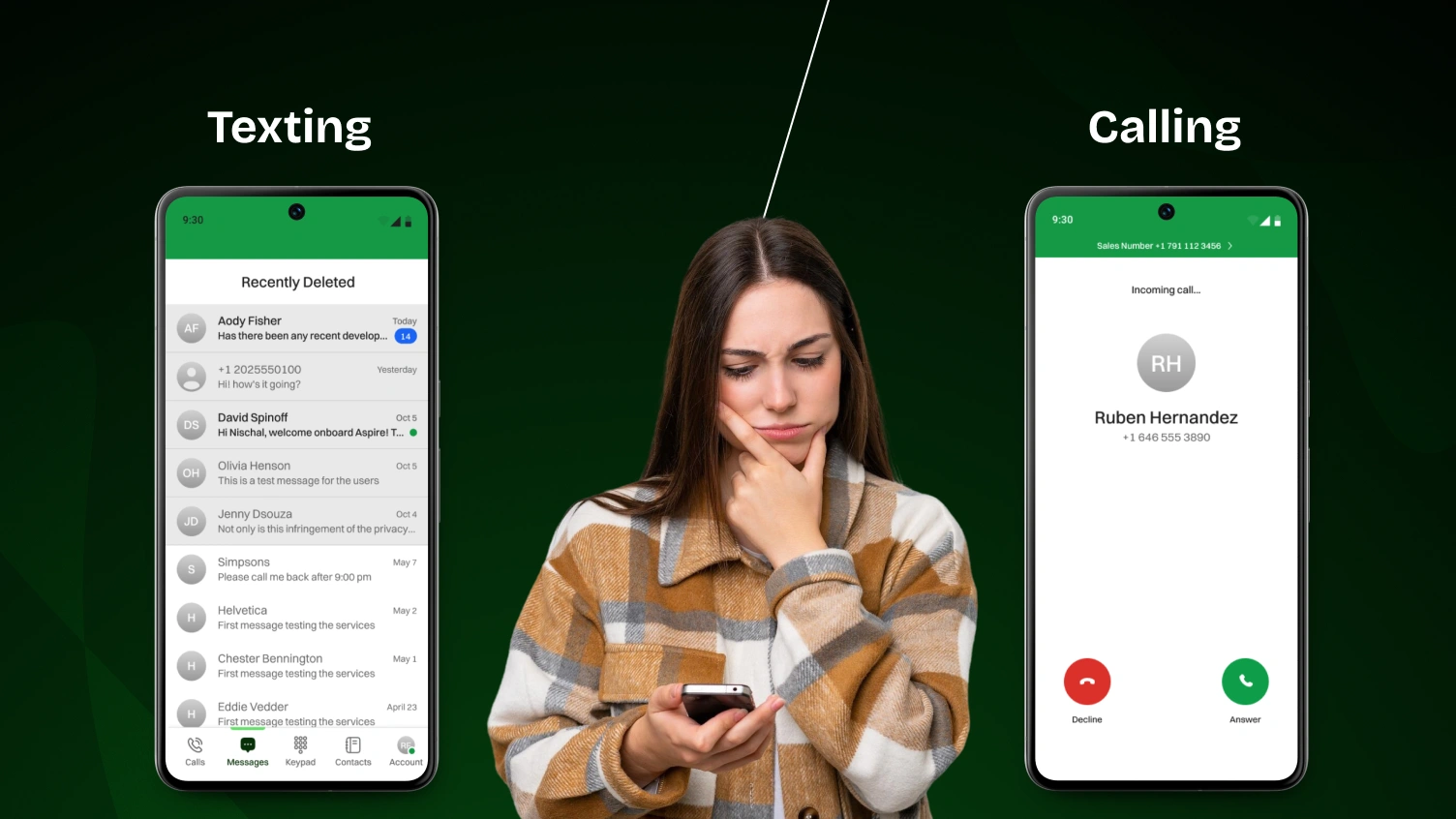 This image shows a girl thinking seriously on how to choose texting and calling.