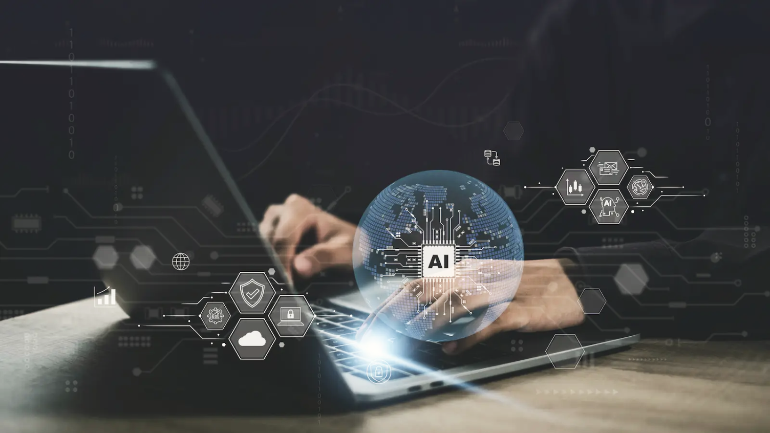 Digital AI globe and technology icons overlaid on a person working on a laptop