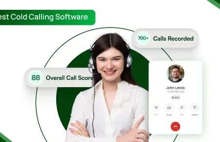 Advertisement for cold calling software featuring a smiling agent, showing an "88 Overall Call Score" and "700+ Calls Recorded.