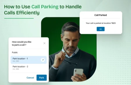 A man holding a smartphone while looking at the screen, with call-parking interface pop-ups displayed around him.