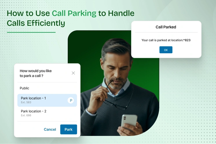 A man holding a smartphone while looking at the screen, with call-parking interface pop-ups displayed around him.